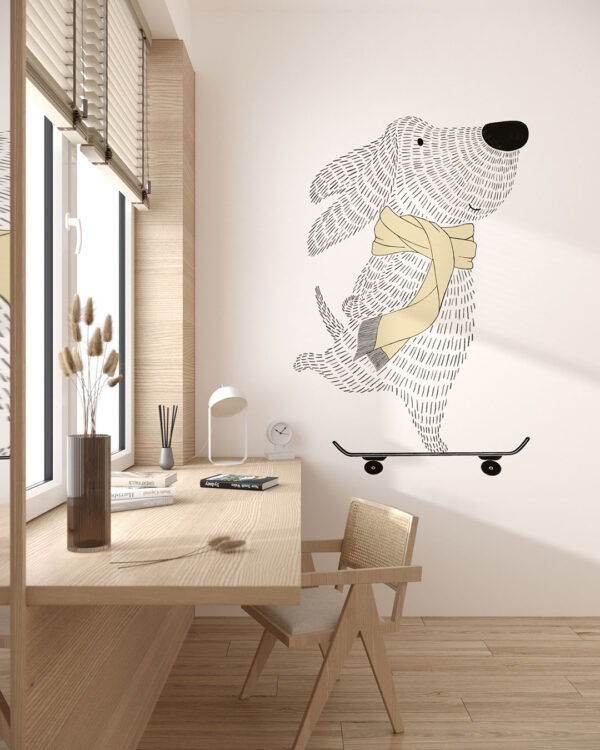 Minimalist graphic-styled wall mural for a children's room with a dog on a skateboard