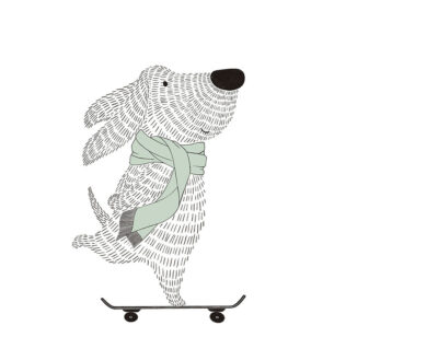 Minimalist graphic-styled wall mural with a dog on a skateboard in blue scarf