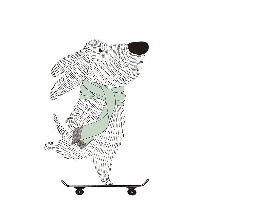 Minimalist graphic-styled wall mural with a dog on a skateboard in blue scarf