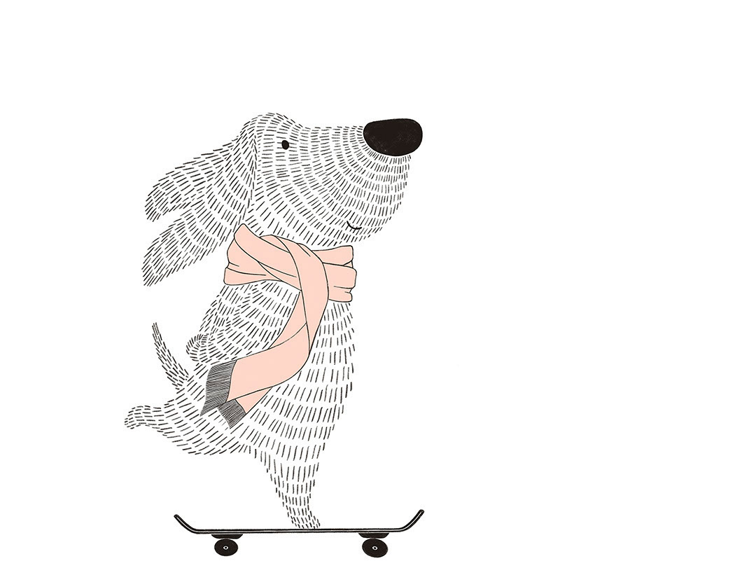 Minimalist graphic-styled wall mural with a dog on a skateboard in pink scarf
