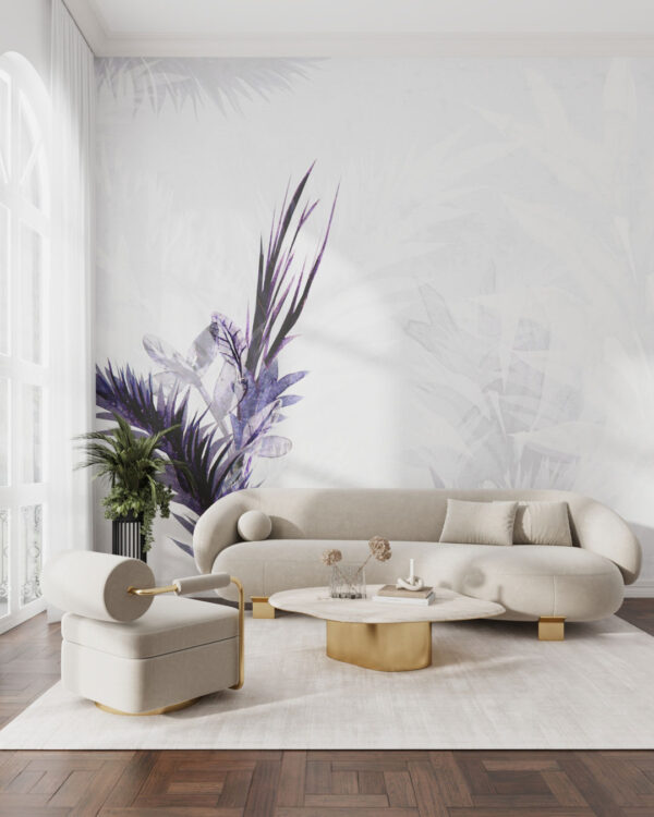 Light grey tender tropical leaves watercolor wall mural for the living room