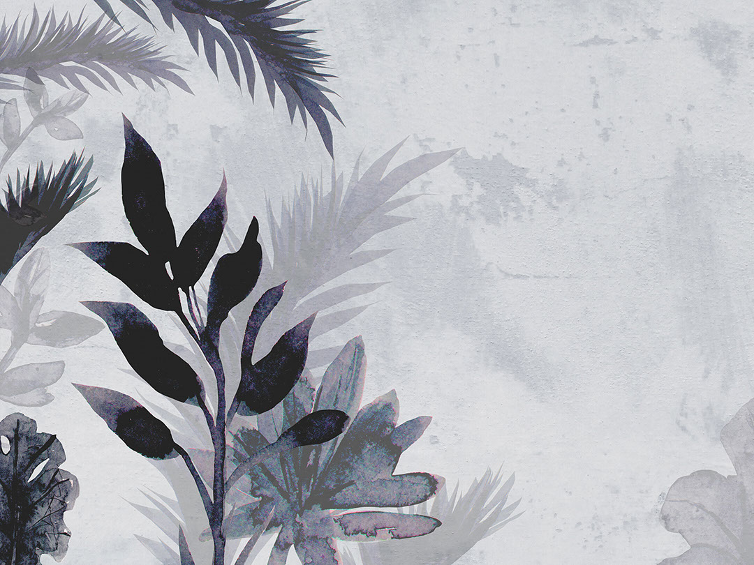 Light grey tender tropical leaves on the textured background watercolor wall mural