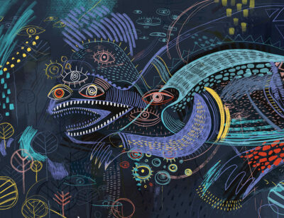 Dark big abstract fantastic creature inspired by Maria Prymachenko’s art wall mural