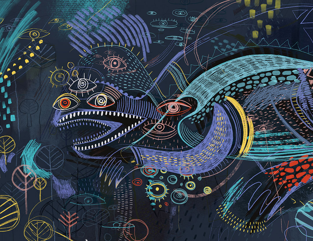 Dark big abstract fantastic creature inspired by Maria Prymachenko’s art wall mural