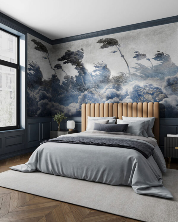 Blue vintage etching wall mural for the bedroom with forest trees