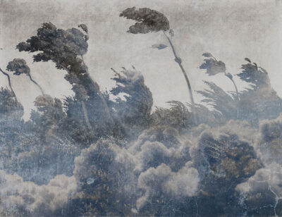 Blue vintage etching textured wall mural with forest trees