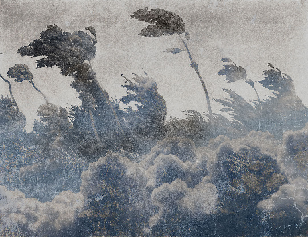 Blue vintage etching textured wall mural with forest trees