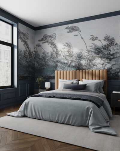 Vintage grey etching forest wall mural for the bedroom