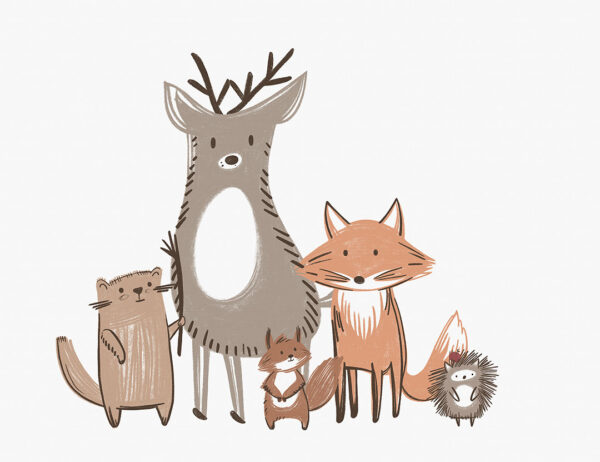 Minimalist animals print in neutral colours on the white background kids wall mural