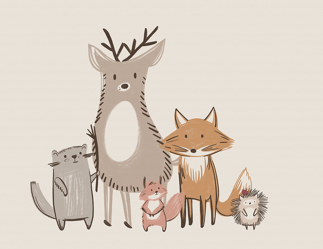 Minimalist animals print in neutral colours on the beige background kids wall mural