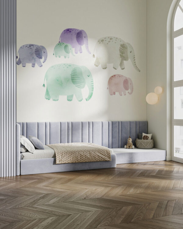 Watercolor minimalist elephants wall mural for a children's room