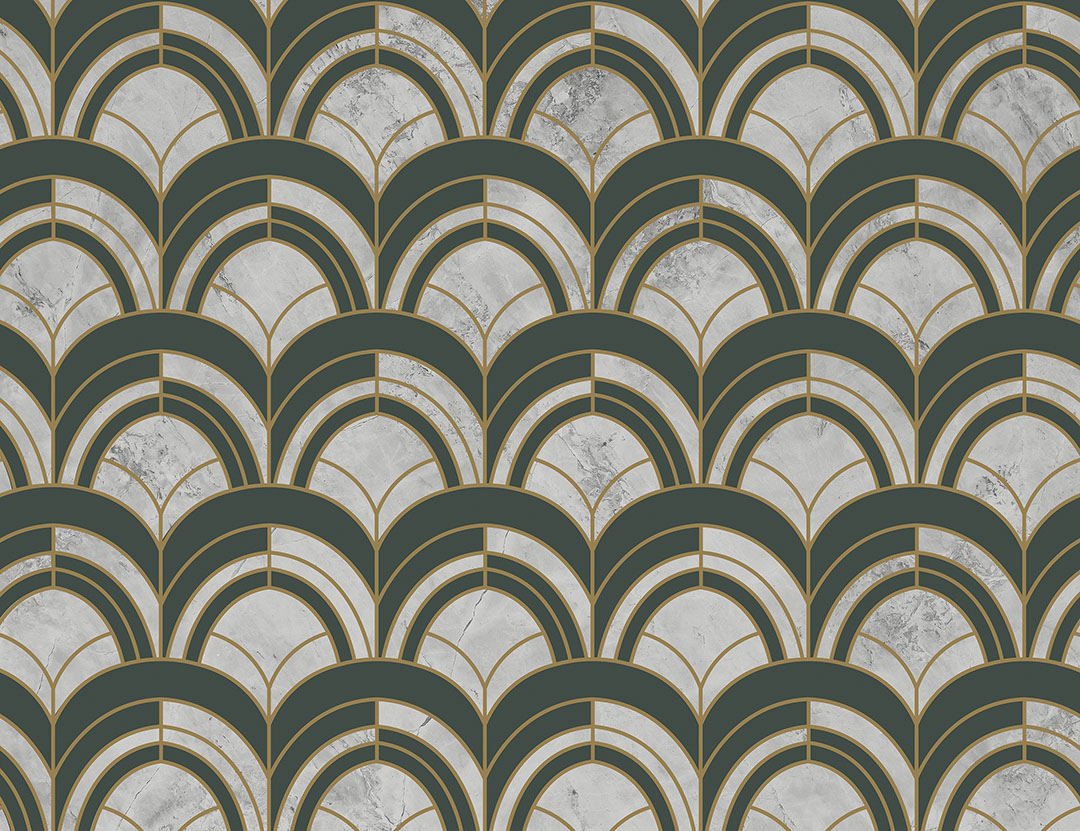 Navy green and grey geometric Art Deco print patterned wallpaper