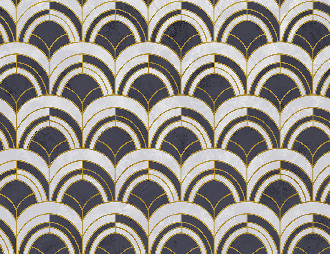 Navy blue and grey geometric Art Deco print patterned wallpaper