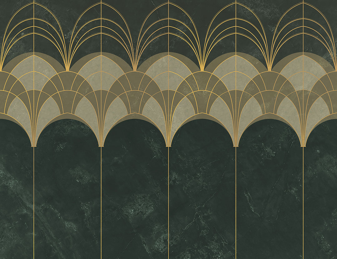 Gold and navy green elegant Art Deco arches wall mural