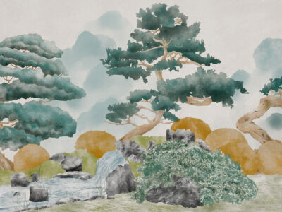 Foggy forest in dark green colours wall mural