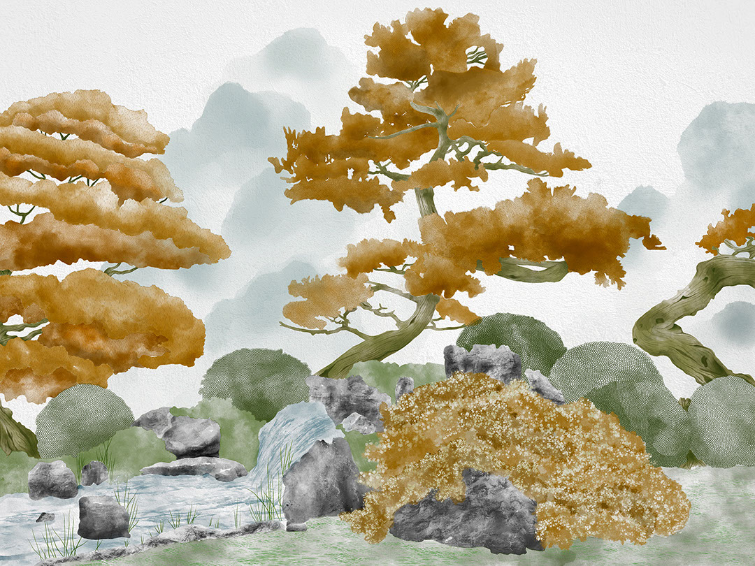 Foggy forest in orange colours wall mural