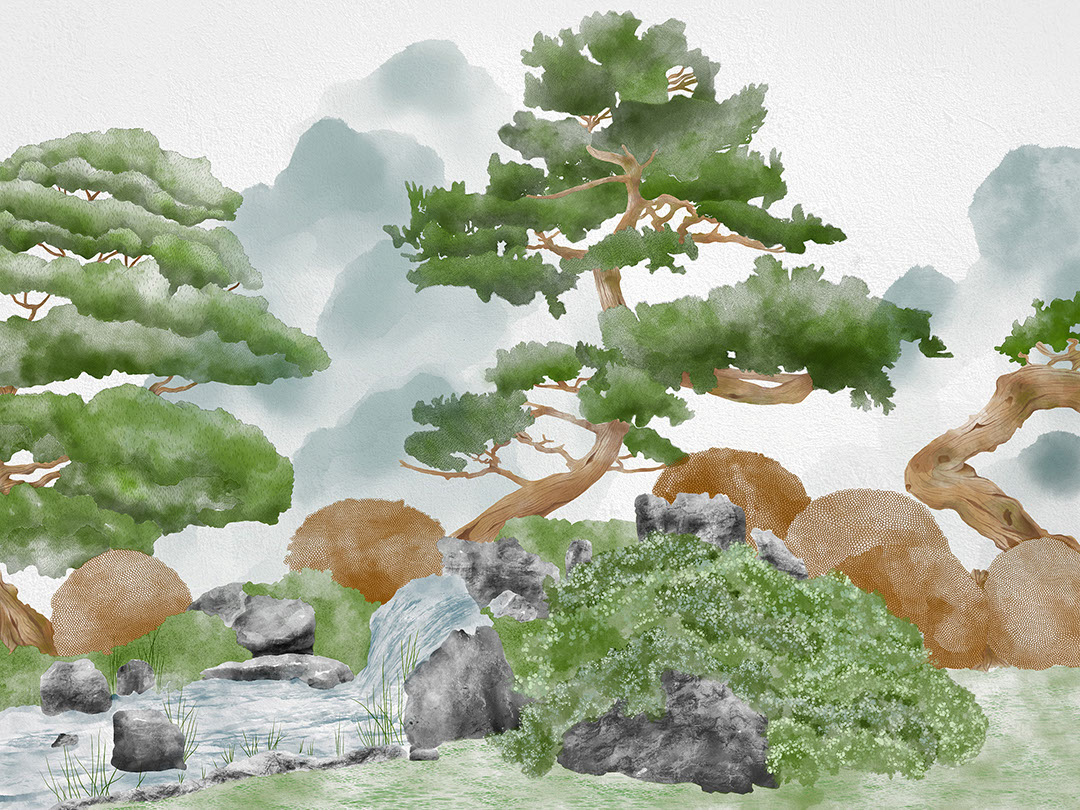 Foggy forest in green colours wall mural