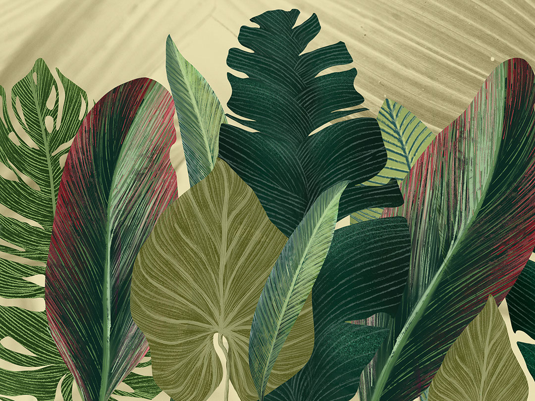 Maximalistic wall mural with detailed tropical leaves on the textured light background