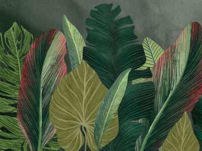 Maximalistic wall mural with detailed tropical leaves on the textured dark background