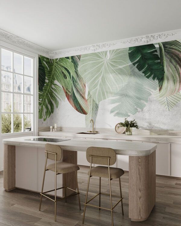 Overhanging tropical leaves wall mural for the kitchen