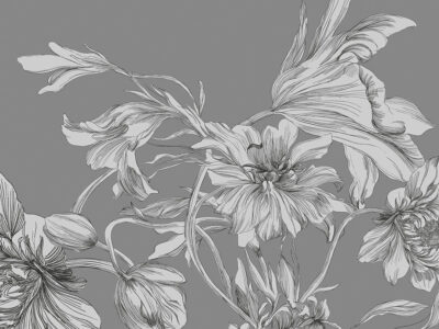Maximalist-style wall mural with delicate flowers on a grey background