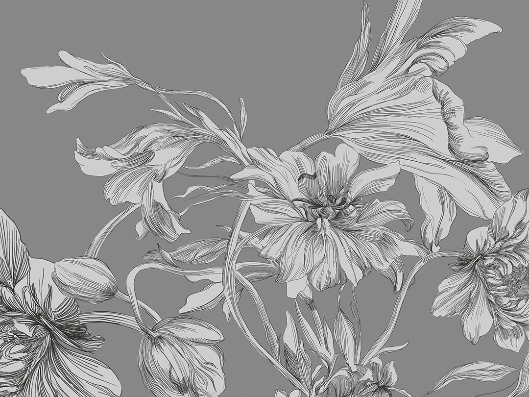 Maximalist-style wall mural with delicate flowers on a grey background