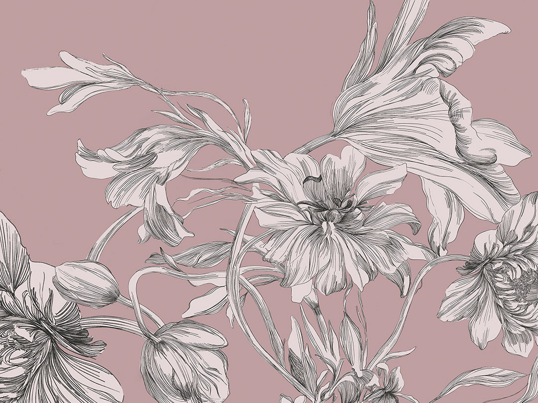 Maximalist-style wall mural with delicate flowers on a pink background