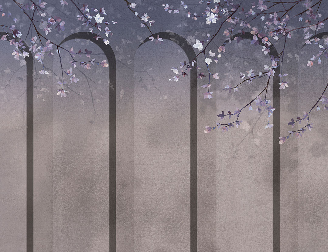 Geometric blue art-deco arches with tender flowers wall mural