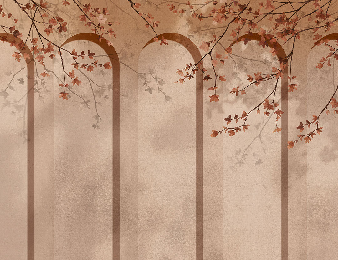 Geometric peachy art-deco arches with tender flowers wall mural
