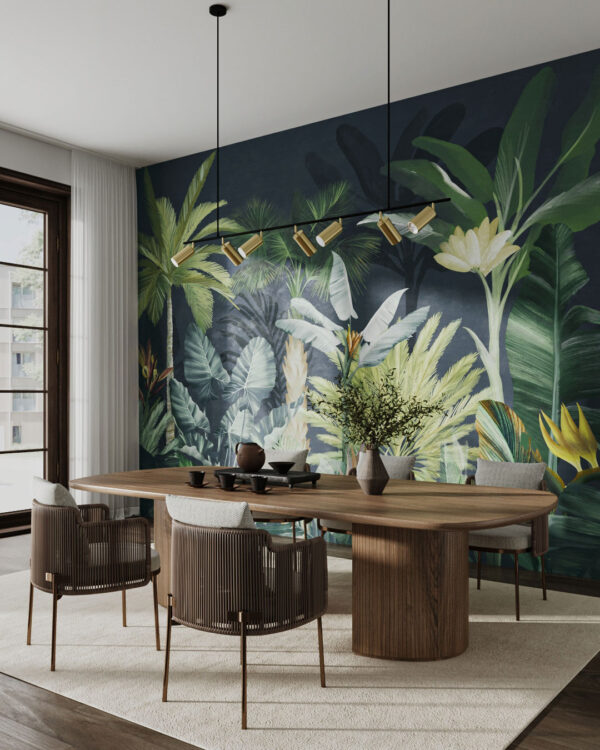 Tropical botanical leaves and palm trees in dark colours wall mural for the dining room