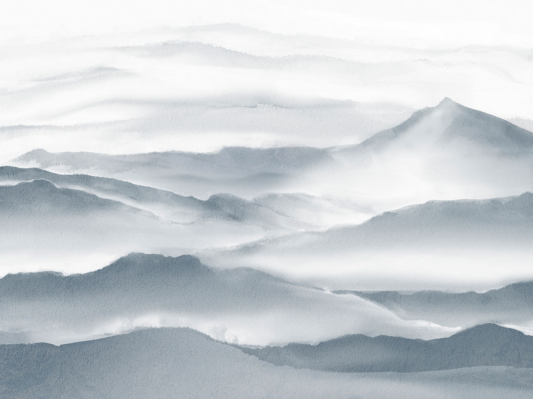 Watercolor blue mountains in the fog wall mural