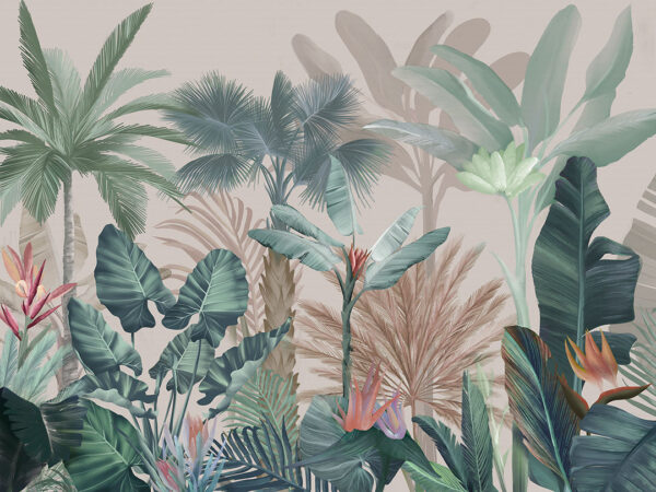 Tropical botanical leaves and palm trees in pastel colours wall mural on the grey background