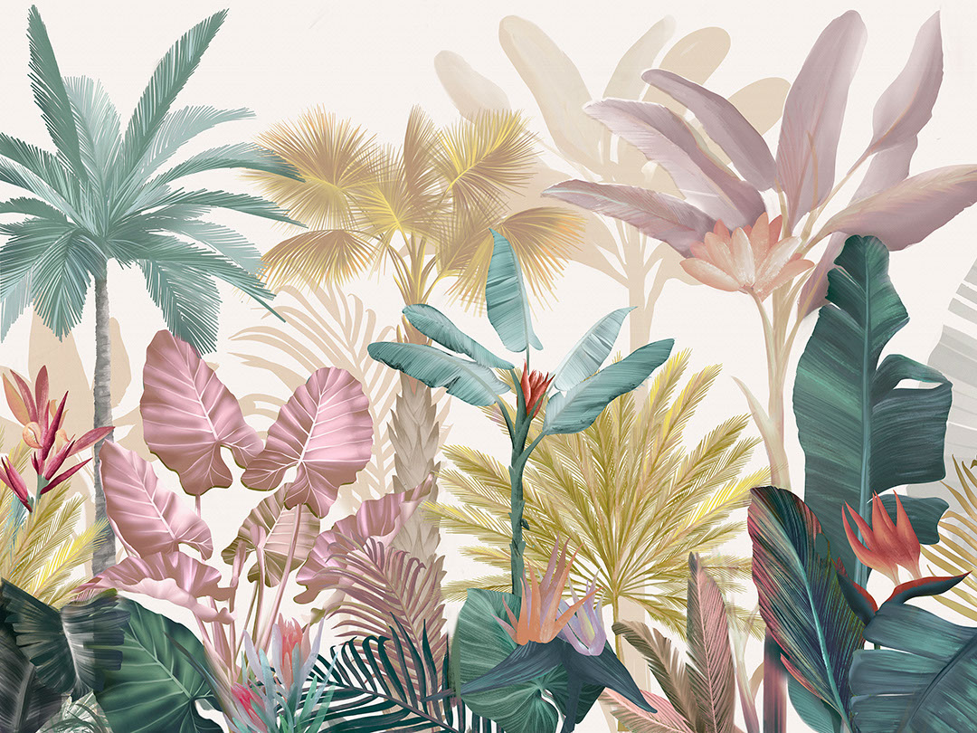 Tropical botanical leaves and palm trees in pastel colours wall mural on the white background