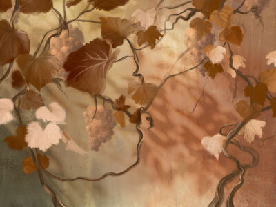 Wall mural with bunches of grapes, vines, and leaves in orange colours