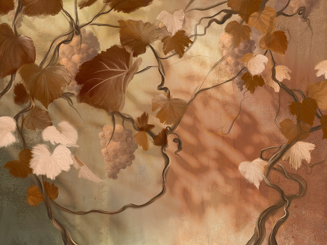 Wall mural with bunches of grapes, vines, and leaves in orange colours