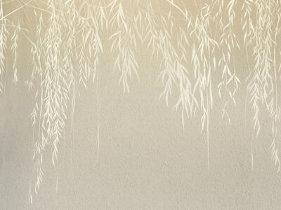 Wall mural fragile white branches with leaves on a light concrete wall