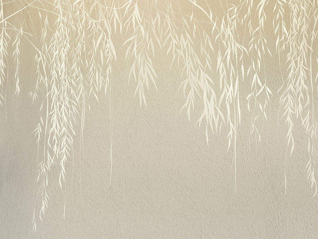 Wall mural fragile white branches with leaves on a light concrete wall