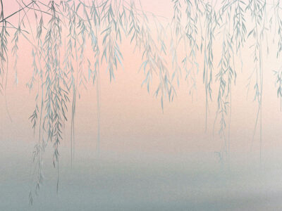 Wall mural fragile blue branches with leaves on a gradient concrete wall