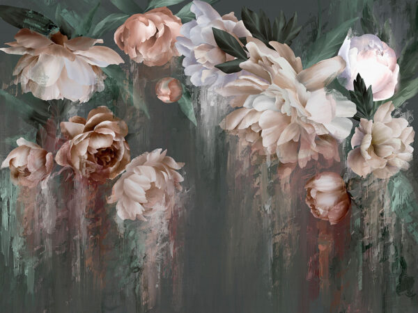 Wall mural lush peonies on a dark grey background