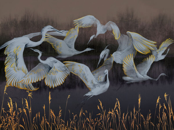 Wall mural with a flock of cranes over a golden field