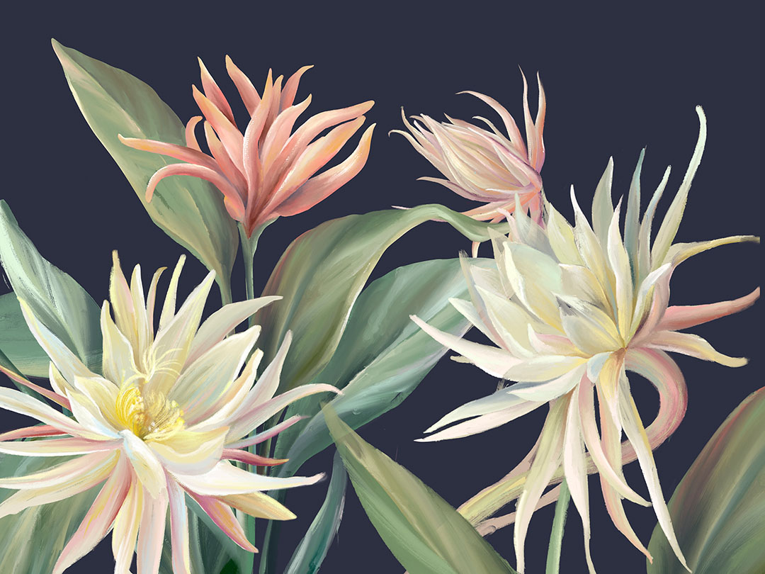 Wall mural with delicate tropical flowers and leaves on a navy blue background