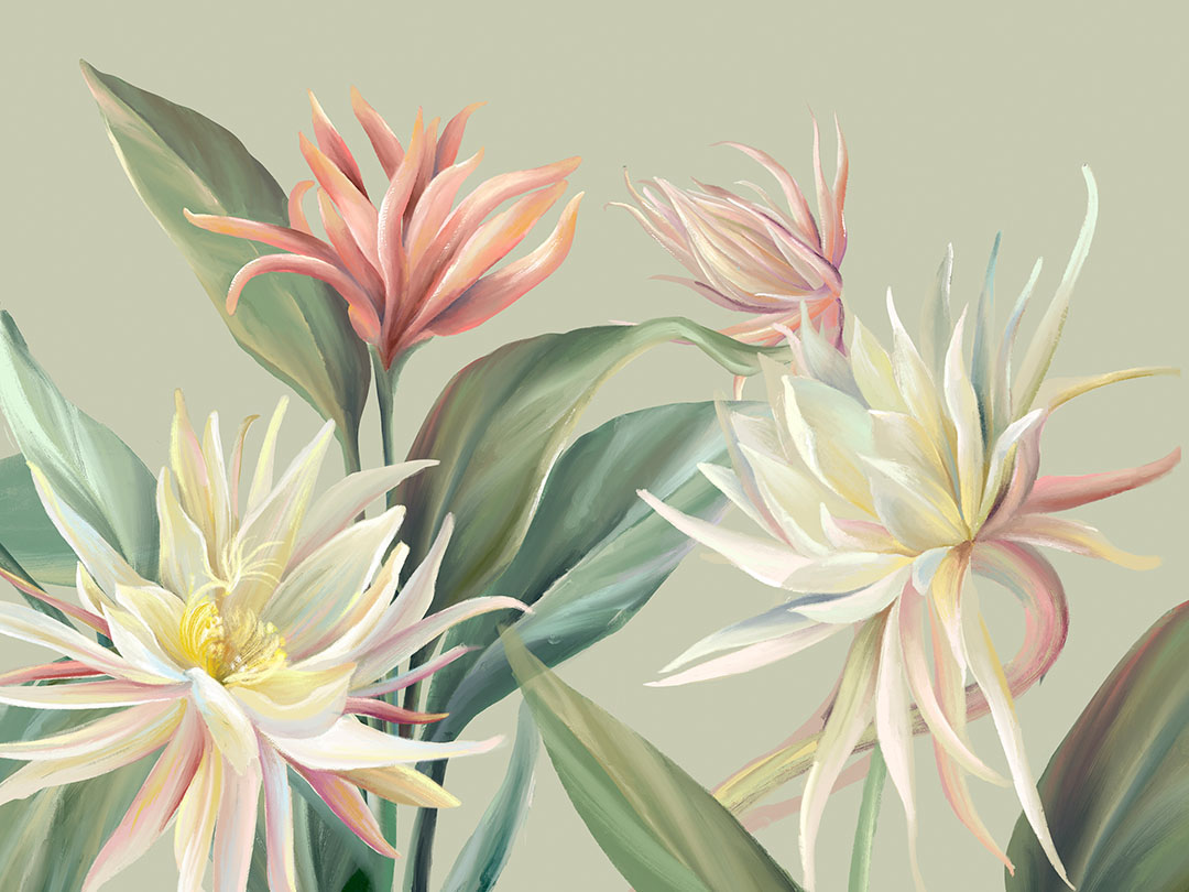 Wall mural with delicate tropical flowers and leaves on a green background
