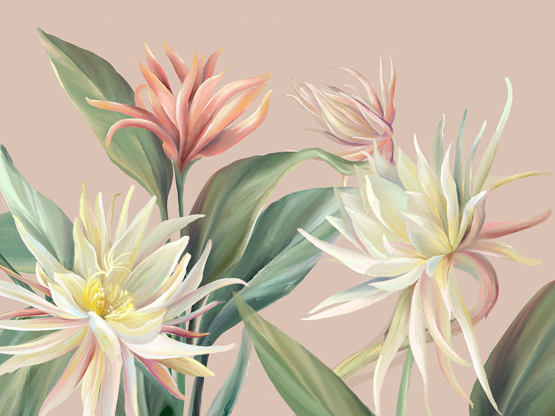 Wall mural with delicate tropical flowers and leaves on a pink background