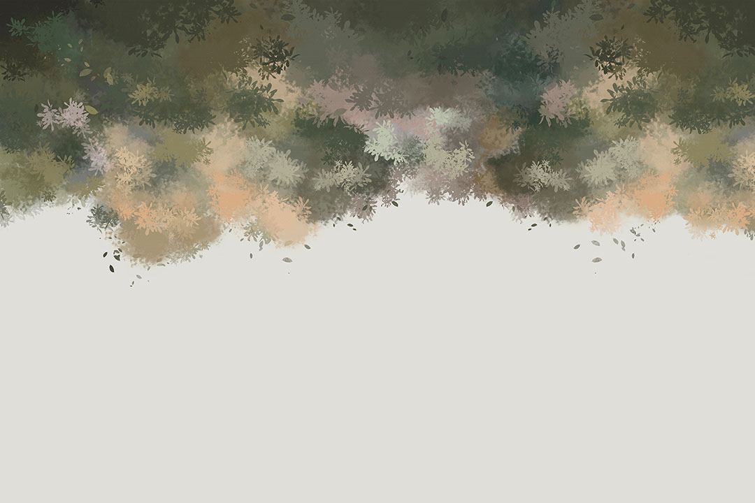 Wall mural with painted green tree branches on the white background