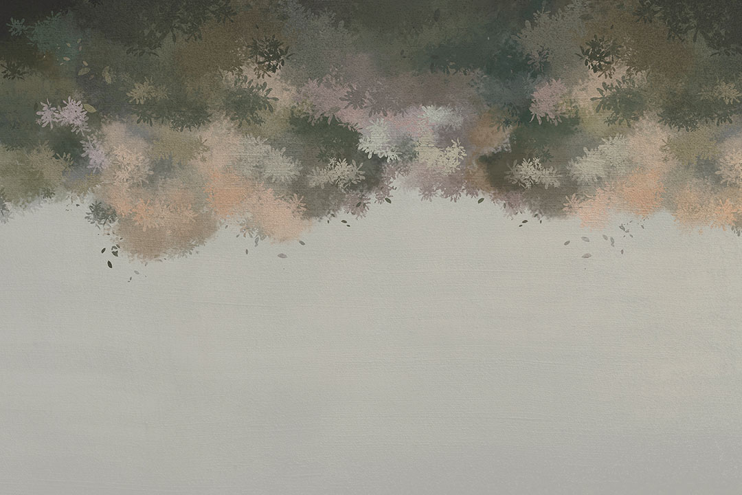 Wall mural with painted green tree branches on the textured background