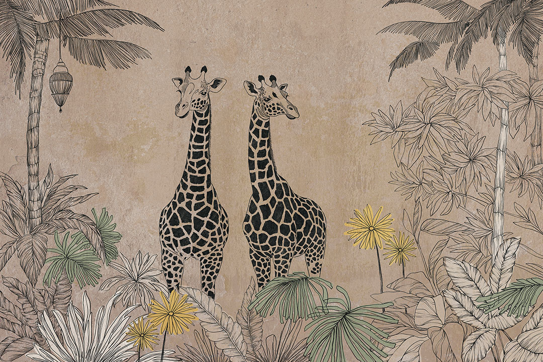 Wall mural graphic giraffes in the jungle on the beige background