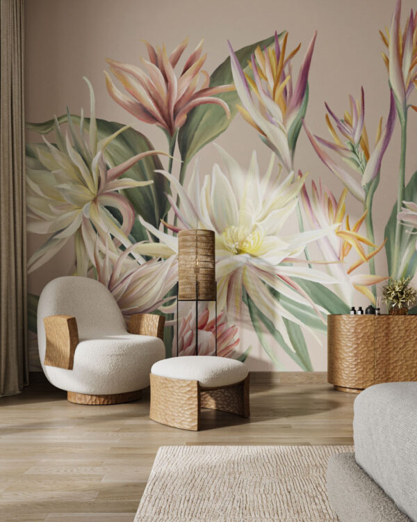 Wall mural with delicate tropical flowers for the living room