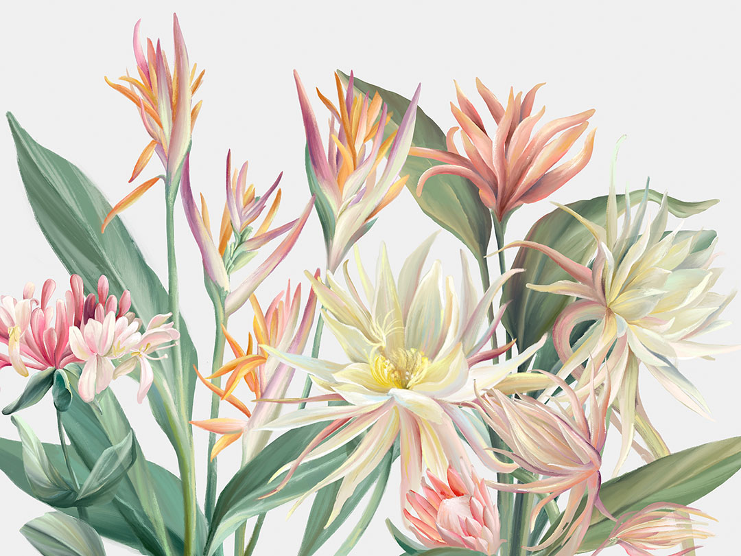 Wall mural with delicate tropical flowers on the white background