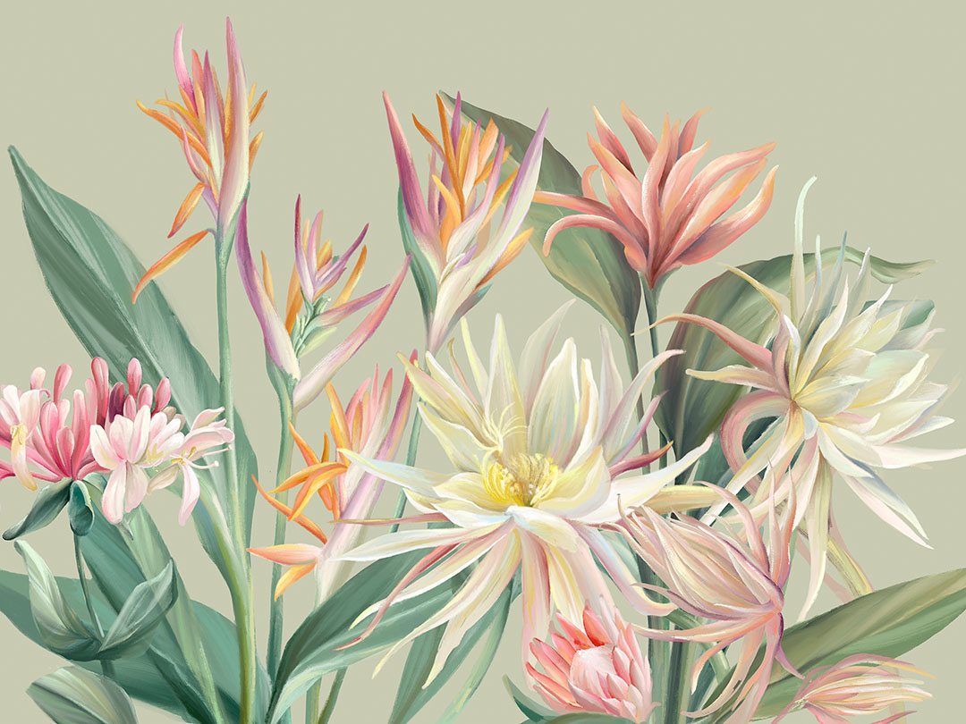 Wall mural with delicate tropical flowers on the green background