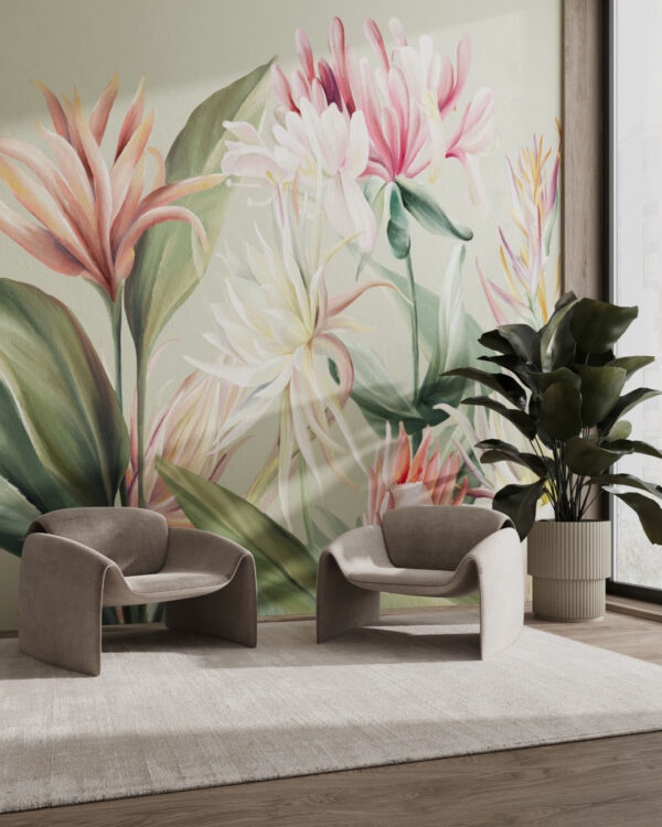 Wall mural with bright tropical flowers for the living room